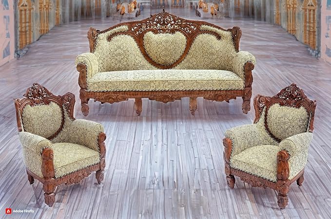 Wooden 5 Seater Sofa Set, Solid Wood Sofa | 3+1+1 Natural Brown Finish with Fabric Seating | Traditional Design Furniture for Living Room, Home, Office