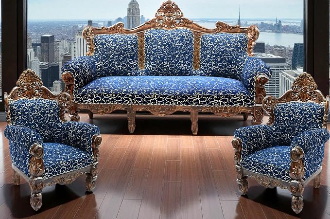 Wooden 5 Seater Sofa Set, Solid Wood Sofa 3+1+1 with Cushion Seating, Traditional Design Furniture for Living Room, Home, Office, Bedroom