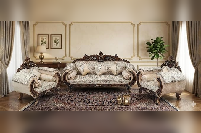 Wooden Sofa Set Carving for Living Room (5 Seater A)