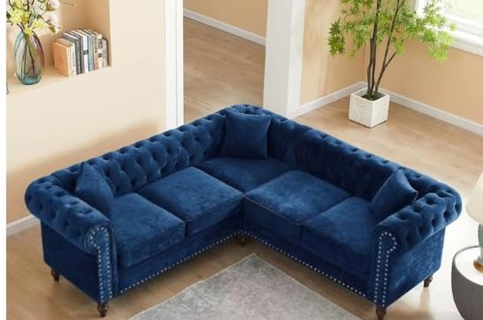 Wooden 5 Seater Sofa Set Solid Wood Sectional L Shape Sofa Couch | Blue Fabric Corner Sofa Furniture for Living Room, Home, Office
