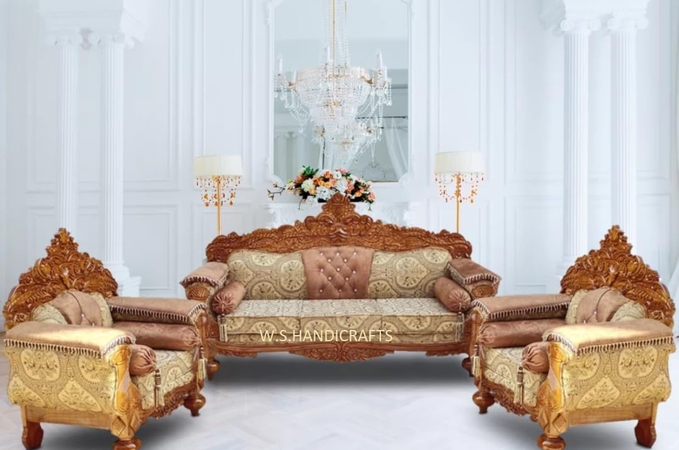 Click to see full view       3+ Wooden 5 Seater Sofa Set with Center Table | 3+1+1 Solid Wood Hand-Carved Brown Sofa with Traditional Design Furniture for Living Room | Home | Office