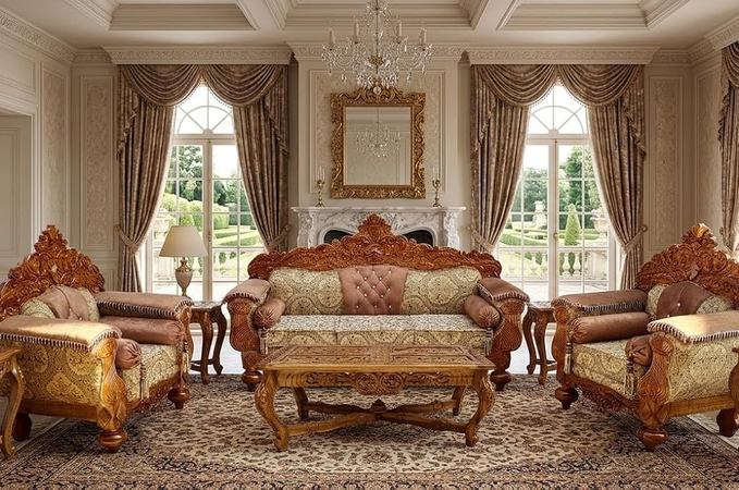 Wooden 5 Seater Sofa Set with Center Table | 3+1+1 Solid Wood Hand-Carved Brown Sofa with Traditional Design Furniture for Living Room | Home | Office