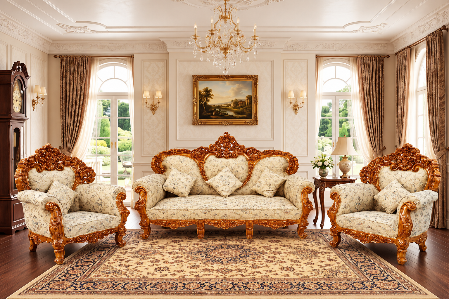 Wooden 5 Seater Sofa Set | 3+1+1 Solid Wood Heavy Hand-Carved Sofa | Traditional Design Furniture for Living Room, Home | Office