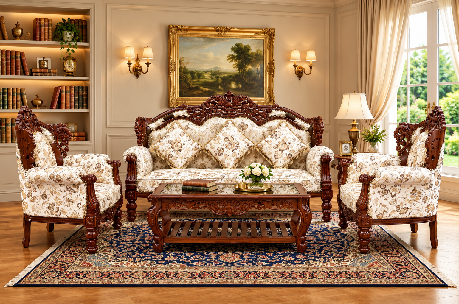 WHITEBRN5STRWITHTABLE Wooden Carving Sofa Set for Living Room with Table