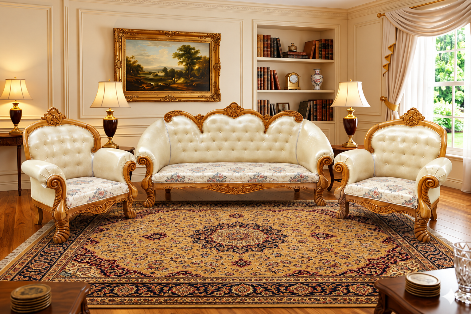 Wooden 5 Seater Sofa Set | 3+1+1 Solid Wood Hand-Carved White Sofa | Traditional Design Furniture for Living Room | Home | Office Seating