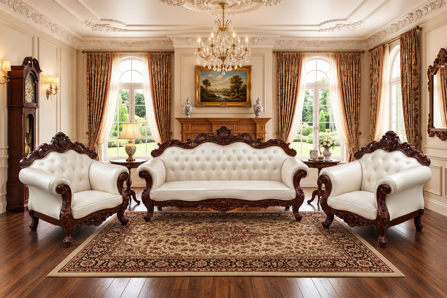Wooden 5 Seater Sofa Set | 3 +1 + 1 Solid Wood Hand-Carved White Heavy Sofa | Traditional Design Furniture for Living Room | Home | Office