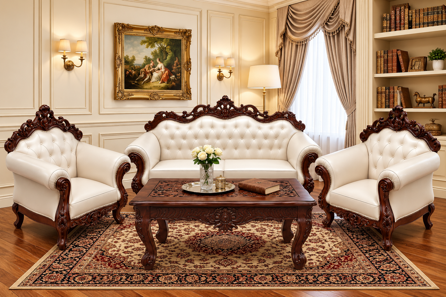 Wooden 5 Seater Sofa Set with Center Table 3+1+1 Solid Wood Hand-Carved White Traditional Design Furniture for Living Room Home Office