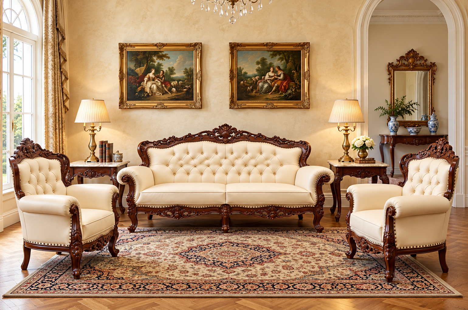 Wooden 5 Seater Sofa Set, Solid Teak Wood Sofa | 3+1+1 with Polish Finish | Traditional Design Furniture for Living Room, Home, Hall, Bedroom Seating