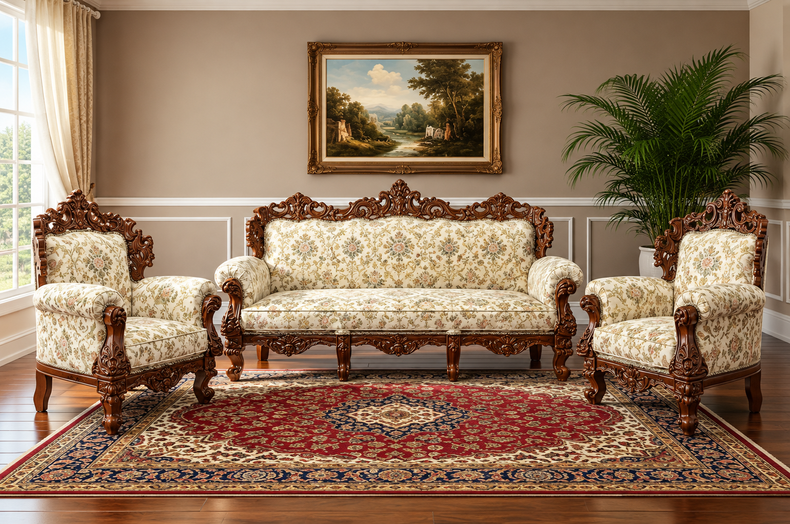 Wooden 5 Seater Sofa Set, Solid Wood Sofa |3+1+1 with Traditional Carving Design Furniture for Living Room | Home | Bedroom | Office Seating
