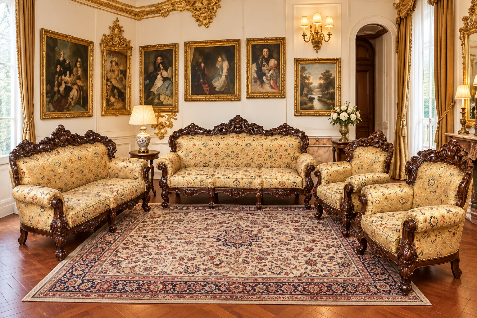 Wooden 7 Seater Sofa Set | Solid Wood Hand-Carved Sofa 3+2+1+1 Traditional Carving Design Furniture for Living Room, Home, Office