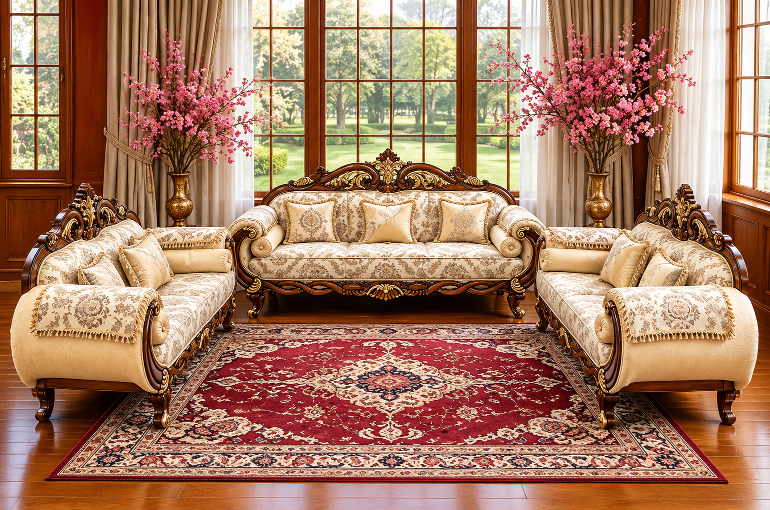 Wooden 7 Seater Sofa Set, Solid Sheesham Wood Sofa 3+2+2 with Polish Finish, Traditional Design Furniture for Living Room, Home, Bedroom, Hall