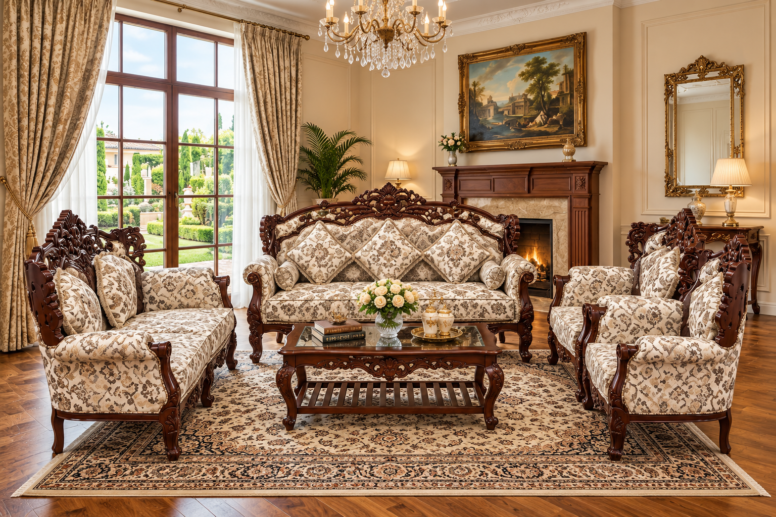Wooden 8 Seater Sofa Set | 3+3+1+1 Solid Wood Hand-Carved White Brown Sofa | Traditional Design Furniture for Living Room | Home | Office