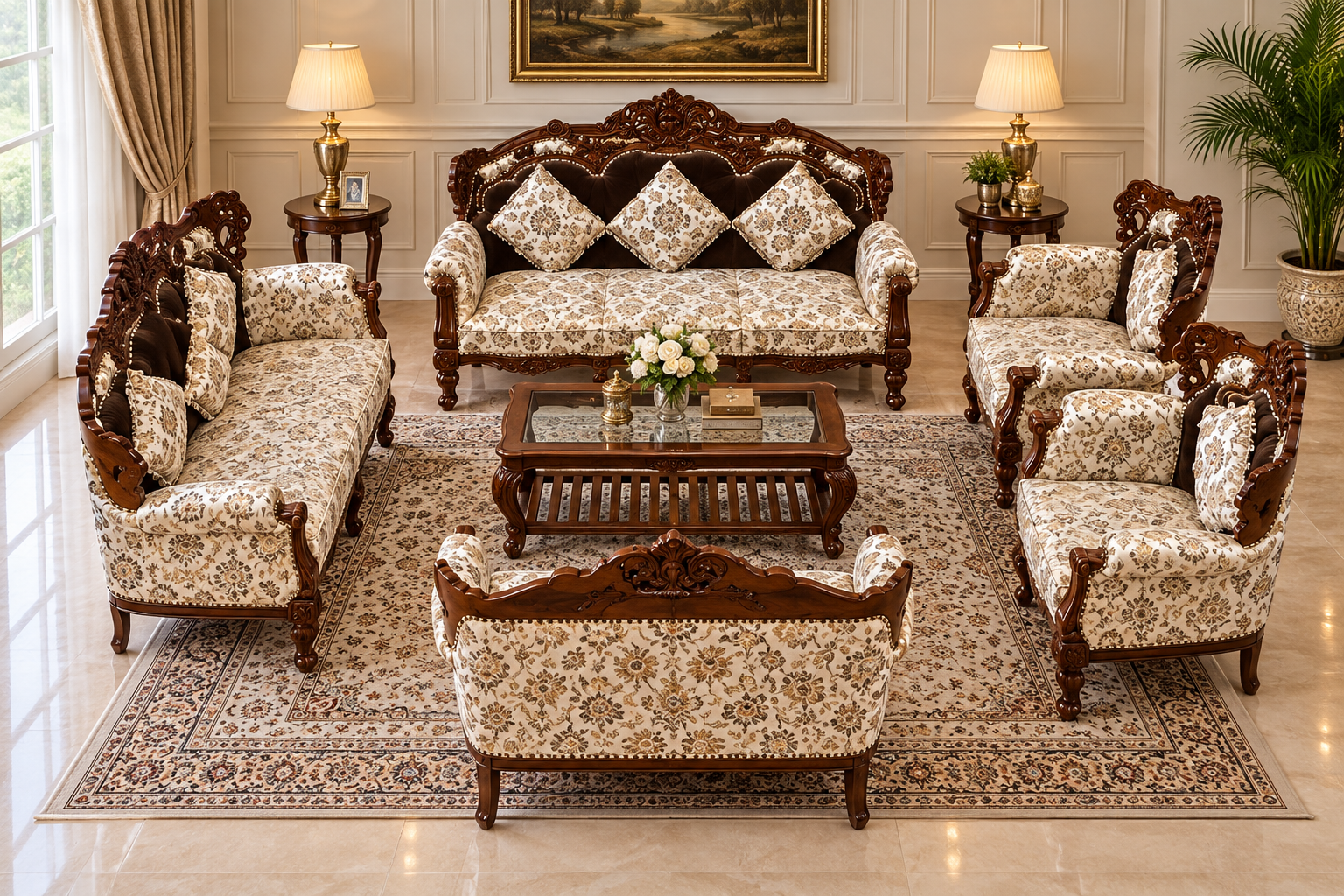 Wooden 10 Seater Sofa Set 3+3+2+1+1 Solid Wood Hand-Carved White Brown Traditional Design Furniture for Living Room Home Office Seating