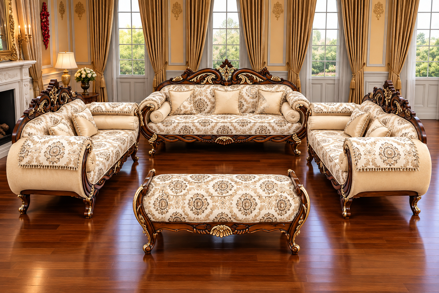 Wooden 10 Seater Sofa Set, Solid Teak Wood Sofa | 3+3+2+2 with Polish Finish | Traditional Design Furniture for Living Room, Home, Hall, Bedroom Seating