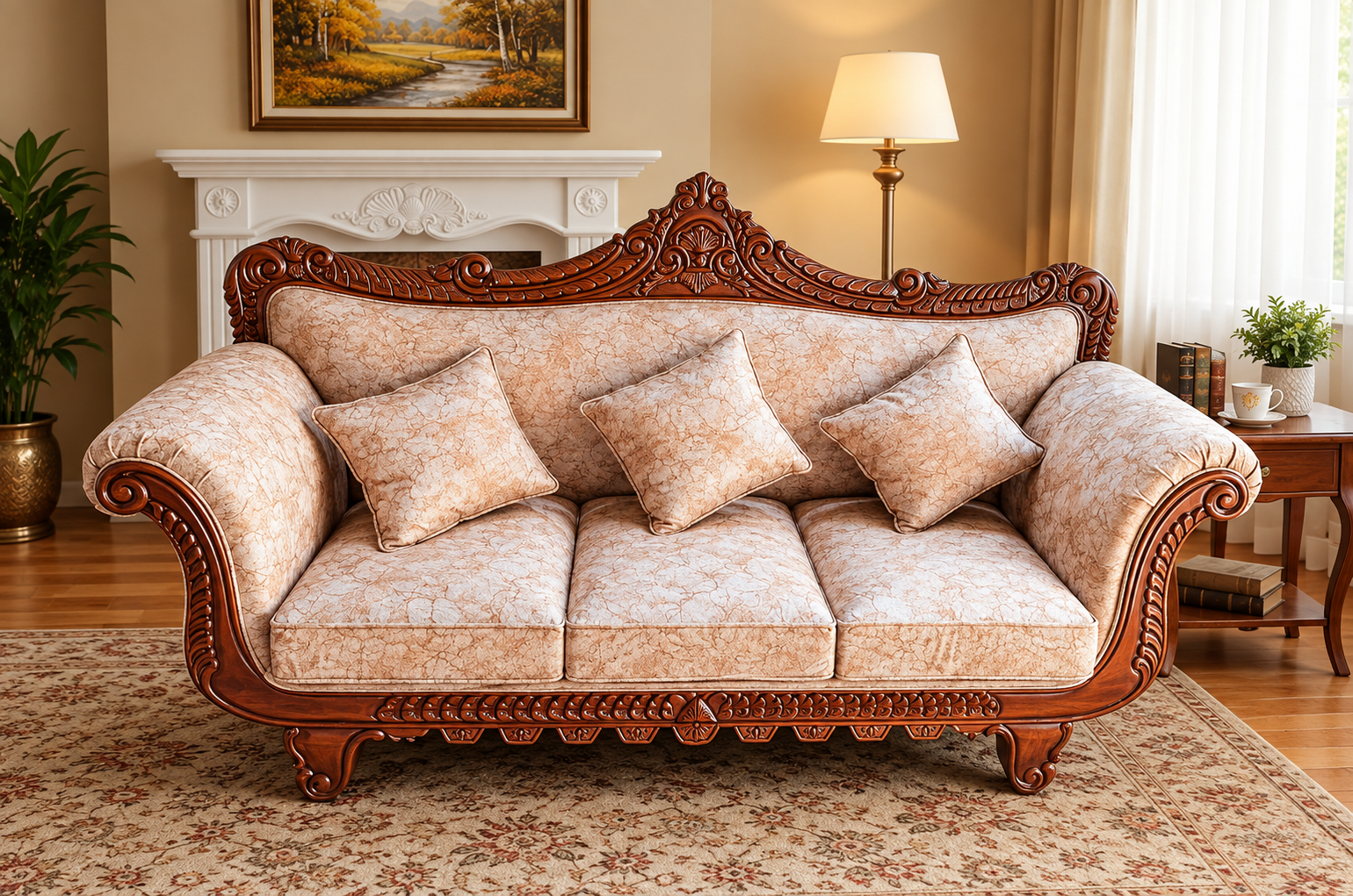 Victorian Style 3-Seater Sofa with Hand-Carved Wooden Frame